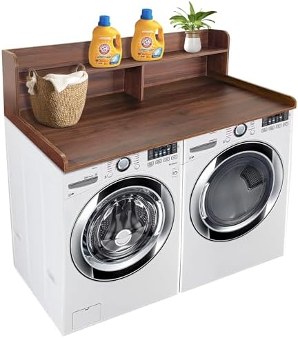 Royxen Laundry Countertop with 2-Tier Shelf Universal Fit, Washer and Dryer Countertop with Storage Space, Shelf Height 11.5 Inches, Solid Wood Core, Walnut