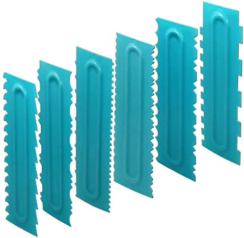 Antallcky Cake Scraper Polisher Set of 6 Pack Decorating Comb and Icing Smoother Mousse Butter Cream Cake Edge Tools, Plastic Sawtooth 12 Design Textures-Blue