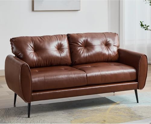 TYBOATLE Mid Century Modern Brown Leather Loveseat, 61" Small, 28" x 60.6" x 30.7", 2 Seater, Chestnut Brown, Tufted, Comfortable, Office, Living Room, Bedroom