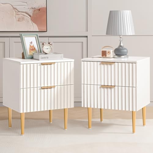 SICOTAS White Night Stand Set 2, Fluted Glossy Nightstand with 2 Drawers, Wide Modern Storage Bedside Table for Bedroom, End Side Table with Golden Metal Legs and Handles (White, 2 Pieces)