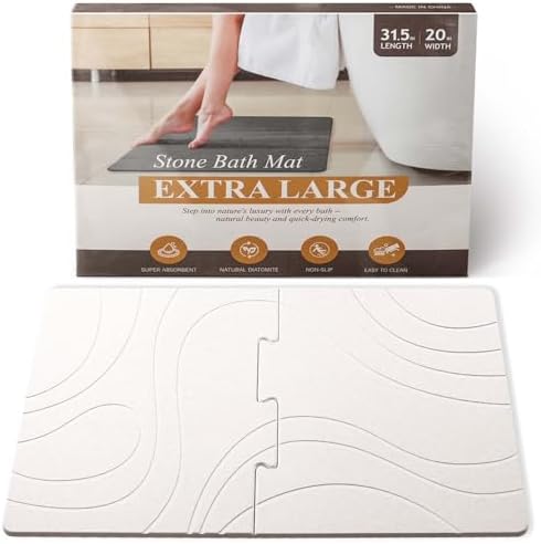 32 * 20 Large Stone Bath Mat for Bathroom Quick Dry Diatomaceous Earth Bath Mat, Non Slip Bathroom Shower Floor Mat Modernized Magic Water Absorbing Diatomite Stone Drying Bathmat White