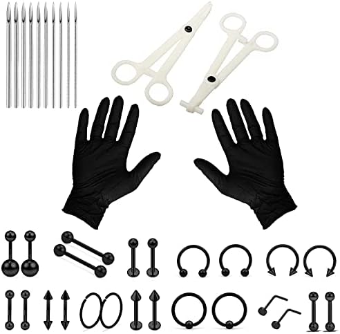 Vsnnsns Piercing Kit 316L Surgical Steel Body Jewelry Piercing Kit with 12G 14G 16G 18G 20G Piercing Needles Use for Nose Septum Lip Tongue Belly Eyebrow Rings Ear Piercing Kit Silver Black Rainbow