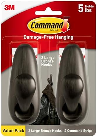 Command 5 lb Large Oil Rubbed Bronze Metal Hooks, 2 Hooks and 4 Command Strips, Damage Free Coat Hooks with Adhesive Strips, Forever Classic Hooks for Hanging Home Decor and Room Decor