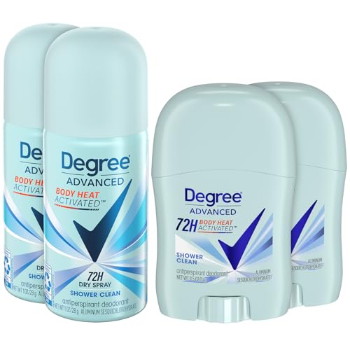 Degree Women’s Travel Deodorant Antiperspirant Bundle – Advanced 72H Protection Mini Sticks and Dry Sprays, Shower Clean Scent (4 Piece Set)