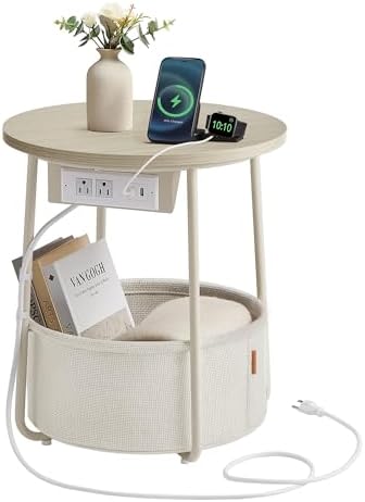 VASAGLE Side Table with Charging Station, Round End Table with Fabric Basket, Nightstand with Power Outlets, USB Ports, for Living Room, Bedroom, Modern, Cream White ULET228N01