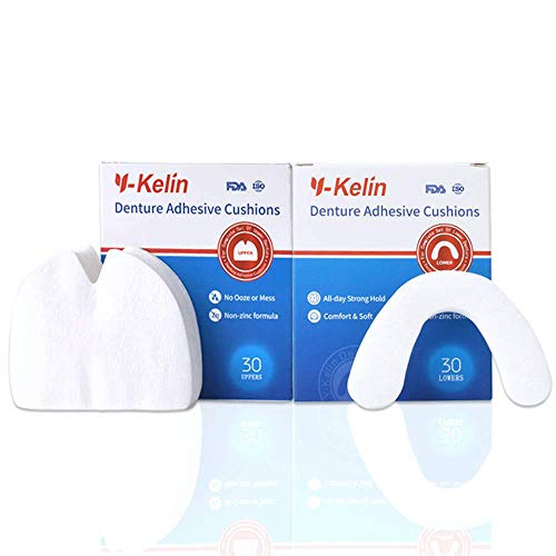 Y-Kelin Denture Adhesive Cushions Uppers & Lowers, Adhesive-Free Denture Pads for Sore Gums, 30 Pads*2 (60 Strips)
