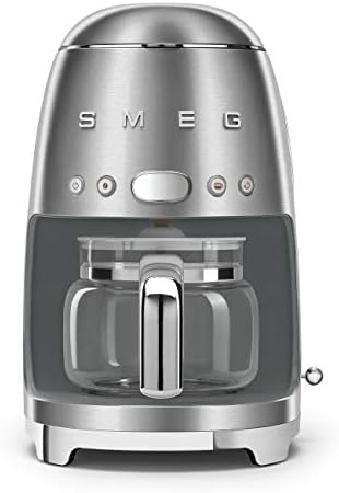 Smeg 50's Retro Style Aesthetic Drip Coffee Machine with 10 Cup Glass Carafe, Auto Start Feature, Keep Warm Plate, and Two Coffee Strength Settings (Brushed Stainless Steel)