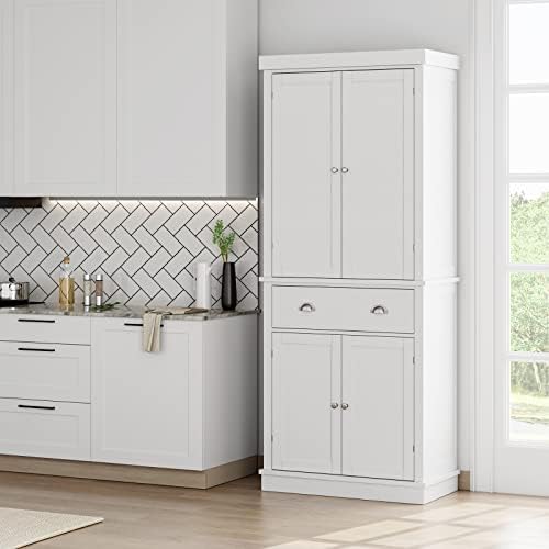 FOTOSOK 72 Kitchen Pantry Storage Cabinets with Drawer, Freestanding Cupboard with 4 Doors, Drawer, 4 Shelves, Utility Pantry Cabinet for Kitchen, Dining Room, Living Room, White HPB-209
