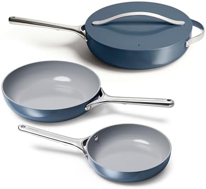Caraway 4-Piece Fry Pan Set - Non-Stick Frying Pans (10.5” & 8”) & Non-Stick Sauté Pan - Non Toxic, PTFE & PFOA Free - Oven Safe & Compatible with All Stovetops (Gas, Electric & Induction) - Navy