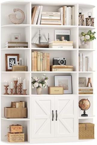 HOSTACK 75" Tall Book Shelf and Bookcase, 6 Tier Bookshelf with Storage, 47" Wide Bookcase with Doors, Freestanding Wood Display Shelves with Book Storage Cabinet for Home Office, Living Room, White