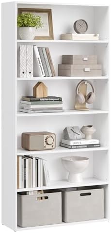 VASAGLE Custos Collection - Bookshelf, 6-Tier Bookcase, Book Shelf, Open Storage Shelf, 9.4 x 31.5 x 63.3 Inches, for Living Room, Home Office, Dining Room, Cloud White ULBC412W01