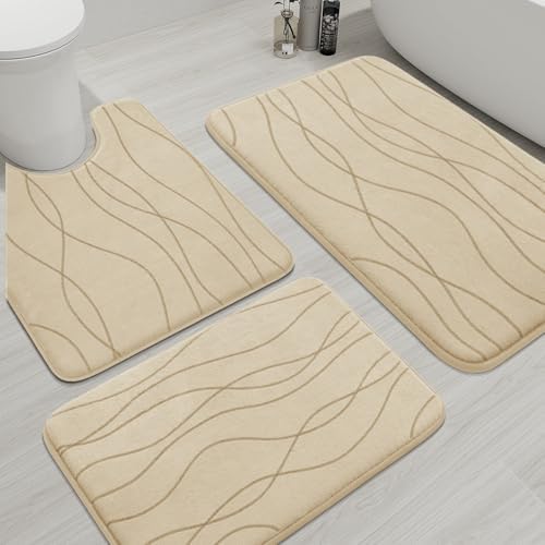 YIHOUSE Memory Foam Bathroom Rug Sets 3 Piece, Ultra Absorbent Bath Mat for Bathroom - Non-Slip Machine Washable & Dry Quickly, 3 Piece Bathroom Mat Set,Khaki