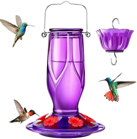 Kingsyard Glass Hummingbird Feeders for Outdoors Hanging, 6 Feeding Ports, 16 Ounces Bird Nectar Feeder, Rustproof Leakproof, Easy to Refill & Clean, Garden Backyard Decor, Ant Moat Included, Purple