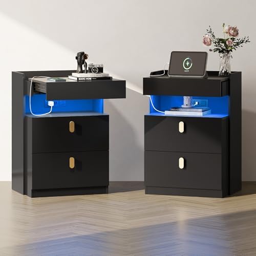 WLIVE LED Nighstand Set of 2 with Charging Station, Night Stands Sets with Sliding Top, Bedside Tables with Drawers, End Table for Bedroom, Living Room, Black