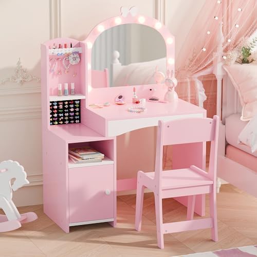 MU Kids Vanity, Girl Vanity Set with Mirror and Chair, 2 in 1 Toddler Makeup Vanity Table with Jewelry Storage, Wooden Princess Makeup Desk Dressing Table for Little Girls, Pink