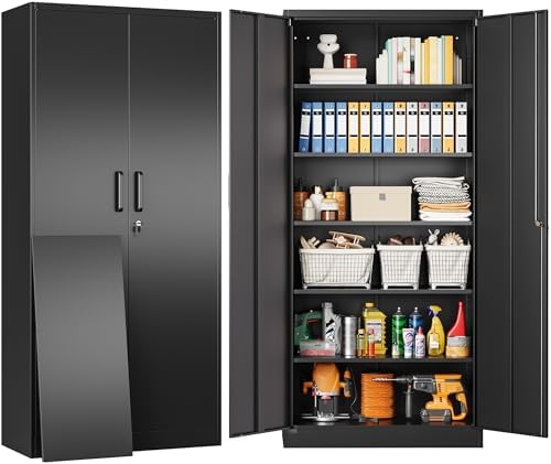 Metal Storage Cabinet with 2 Doors and 6 Shelves,Black Metal Cabinet with Lock,71" Lockable Garage Storage Cabinets,Locking File Cabinet,Steel Tool Cabinets for Home,Office,Garage,Shop,School