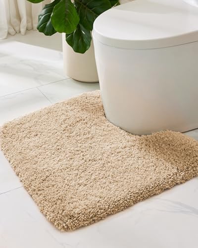 ILANGO Beige Toilet Rugs U Shaped 22" × 24" Non Slip & Super Absorbent Extra Thick Soft, Washable Bath Mats for Bathroom Floor, Microfiber Plush Shaggy Contour Bath Rugs for Toilet,Dry Quick