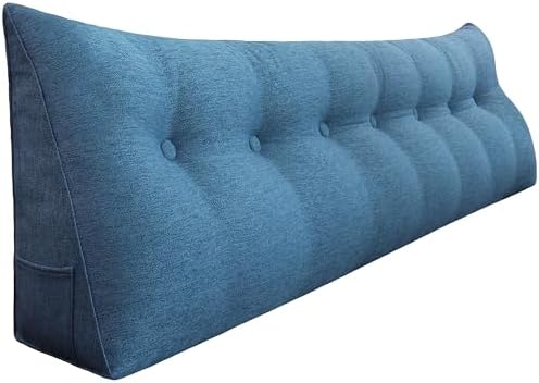 14 lbs Thickened Headboard Pillow Wedge Pillow Headboard Reading Pillow Bed for Backrest Reading Triangular Pillow with Side Pocket for Sitting in Bed Cotton Linen Blue King