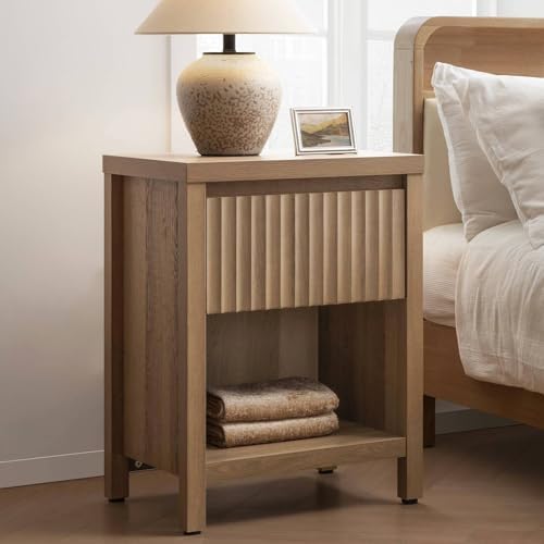 SICOTAS Fluted Night Stand Set of 2, Farmhouse Nightstands with Drawer, Boho Bedside Table with Storage Shelf, Large End Tables Bed Side Tables for Bedroom, Caramel Oak