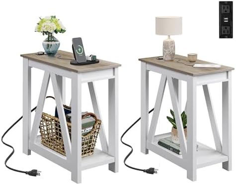 WLIVE End Tables Living Room Set of 2 with Charging Station, Sofa Side Tables with Open Storage Shelf, Slim Farmhouse End Table Sets, Greige