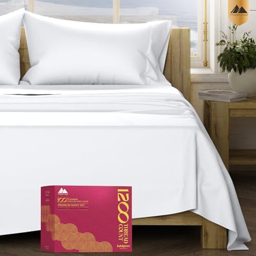 Mayfair Linen 100% Egyptian Cotton Sheets King Size Bed Set - 4 PC 1200 Luxury High Thread Count White Egyptian Cotton King Sheet Set, Silky Soft, Cooling, Sateen Weave, 17" Deep Pocket Bedsheet