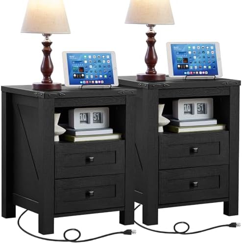Night Stands with Charging Station Set of 2, Farmhouse Nightstand, Wooden Bedside End Tables with 2 Drawers and Open Shelf, Bed Side Table for Bedroom, Living Room, Closet, Office (Black)