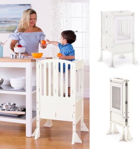 Guidecraft Contemporary Kitchen Helperยฎ Stool with 2 Keepers- Ivory: Foldable, Adjustable Height, Wooden Step Stool Tower for Toddlers | Little Kids Safety Learning Furniture