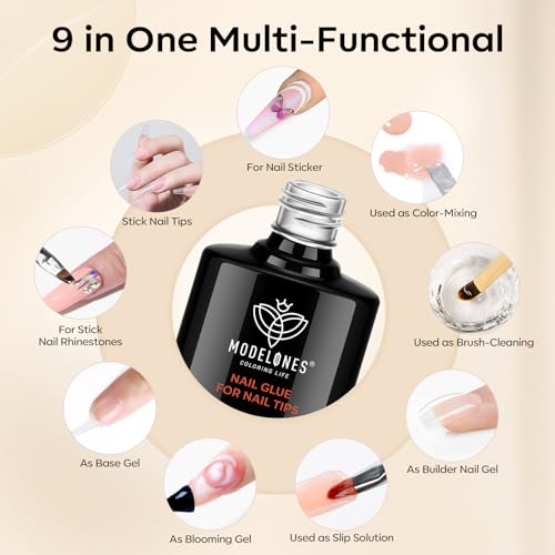 modelones 9 in One Nail Glue Base Coat Nail Polish Set Brush On Gel X Nail Glue 15 ml for Rhinestone, False Nails, Base Gel, Blooming Nail Art Gel Nail Kit for Acrylic Nails U V Lamp Needed