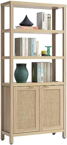 SICOTAS Bookshelf 5 Tier Book Shelf Rattan Boho 71" Tall Bookcase with Doors Storage Shelves Large Bookshelves Farmhouse Bookcases Library Book Case for Living Room Bedroom Home Office Kitchen