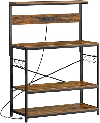 SUPERJARE Bakers Rack with Power Outlets, Microwave Stand, 39.4 X 14.3 Inch Larger Desktop, Kitchen Storage Rack with Adjustable Middle Shelf, 6 S-Shaped Hooks, Coffee Bar Stand, Rustic Brown