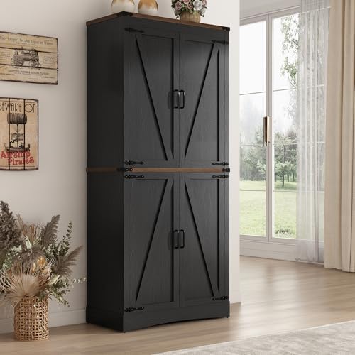 71" Tall Kitchen Pantry,Farmhouse Storage Cabinet with Adjustable Shelves,Load-Bearing Steel Pipe,Farmhouse Pantry Cabinet with 4 Barn Doors,for Kitchen,Dining Room,Living Room(Black)