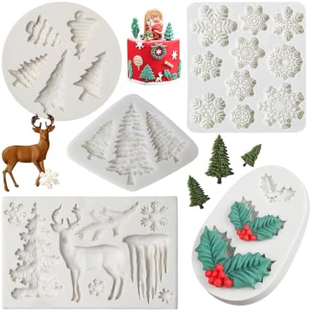 Christmas Fondant Mold Set of 5 Pieces- 3D Snowflake, Christmas Tree, Reindeer, Holly Leaf, Cupcake Topper for Cake Decorating Tools