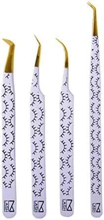 M LASH Tweezers for Eyelash Extensions (Set of 4) - Professional Lash Extension Tweezers - Fiber Tip, Japanese Steel, Diamond Grip Eyelash Extension Tweezer (WB-SET)