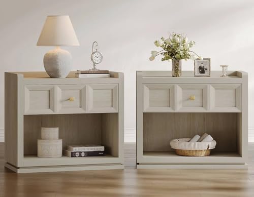SICOTAS Night Stand Set 2, 26" Wide Nightstands with Drawer, Large Queen Size Nightstands Set of 2, Modern Bedside Table for Bedroom, Side End Table, Grey White Oak