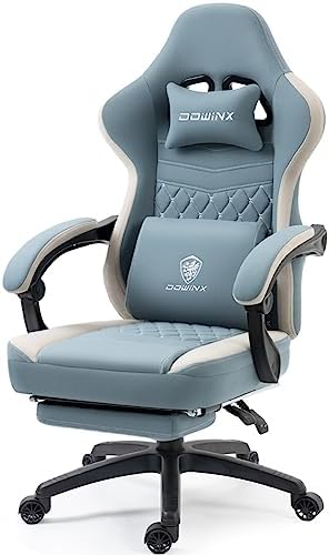 Dowinx Gaming Chair Breathable Fabric Game Chair with Gel Pad and Storage Bag, Comfortable Gamer Chair with Pocket Spring Cushion, Ergonomic Computer Chair with Footrest, Blue