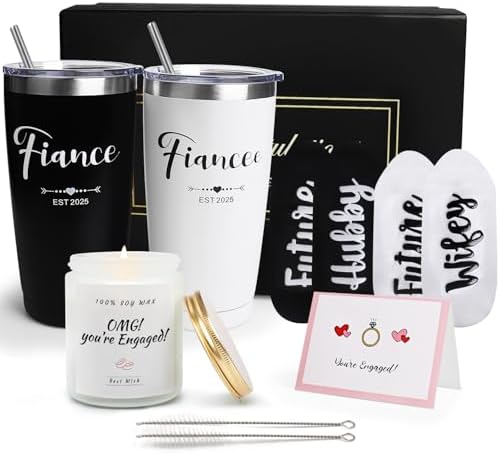 Engagement Gifts for Couples, Cool Wine Engaged Tumbler Gift Set Newly Presents for Women his and her him Fiance Fiancee Friend, Girlfriend Boyfriend Ideas with Straws, Socks, Candle & Greeting Card