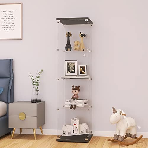 LFT HUIMEI2Y Glass Display Cabinet 4-Shelf with Door and Lock, Curio Cabinets Upgraded Quick-Install Style Tempered Glass Floor Standing Bookshelf for Bedroom, Living Room 65â€x 17â€x 14†Black