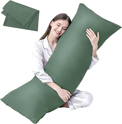 DOWNCOOL Luxury Full Body Pillow Insert with Fiber Cover - Ultra Soft Body Pillow for Sleeping - Breathable Long Bed Pillow Insert, 20"x54"(Sage Green, with Cover)
