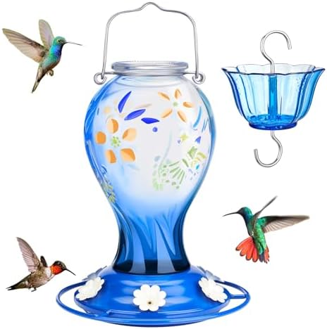 Kingsyard Glass Hummingbird Feeder for Outdoors Hanging - 26 oz Leak Proof Nectar Feeder with 6 Feeding Ports & Ant Moat for Garden Backyard Decor, Blue