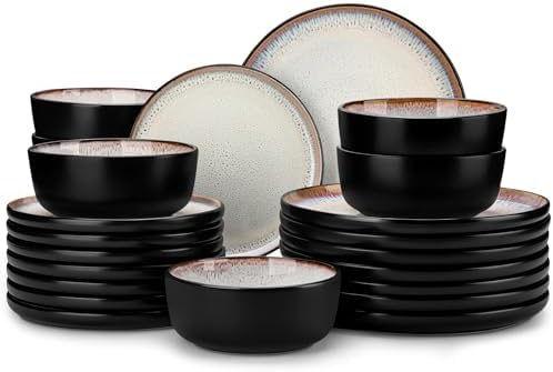 vancasso Plates and Bowls Sets, 24 Pieces Stoneware Dinnerware Sets for 8, Kitchen Dish Set Mircowave and Dishwasher Safe Dinner Set Ceramic Dishware, Light Cream, Series AMBER