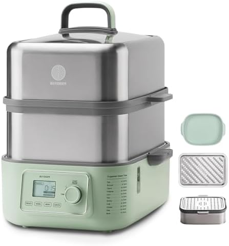 BUYDEEM G67US-A503 Electric Food Steamer for Cooking, 2 Tire Stainless Steel Steamer with Manual Mode, 1500W, 14 Quart, Green