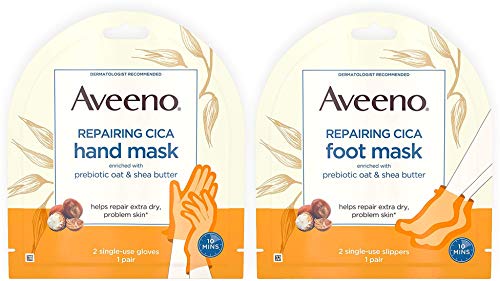 Aveeno Repairing CICA Foot Mask & Hand Mask with Prebiotic Oat and Shea Butter, for Extra Dry Skin, 1 ea