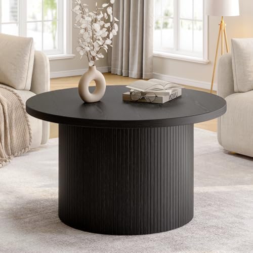 ONBRILL 31.5" Round Coffee Table, Tambour Design Coffee Tables for Living Room, Mid Century Modern Wood Coffee Table, Drum Accent Small Center Table, Black