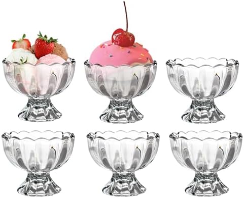Vintage Glass Dessert Bowls, Ice Cream cups, 5oz Dessert cups, for Sundae, Fruit, Ice Cream, Pudding, small snacks,Condiment (6)