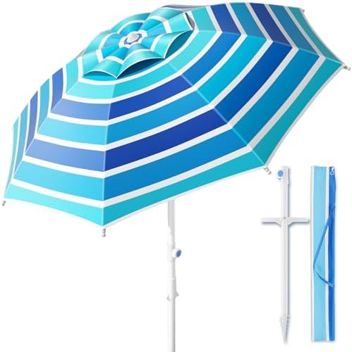8FT Large Beach Umbrella with Heavy Duty Sand Anchor & Tilt Sun Shelter, Wind Resistance, UPF50+ UV Protection, Waterproof Canopy, Portable for Beach Outdoor Patio Yard Garden Pool