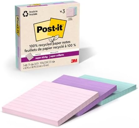 Post-it 100% Recycled Paper Super Sticky Notes, 2X The Sticking Power, 4x4 in, Lined, 3 Pads, 70 Sheets/Pad, Wanderlust Pastels Collection (675R-3SSNRP)
