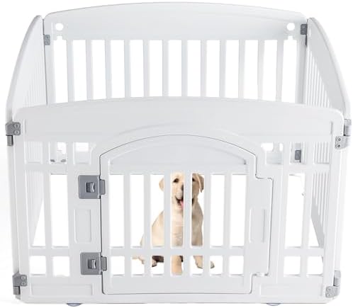 Sweetcrispy Plastic Dog Playpen - 4-Panel 24" Expandable & Durable Pet Fence for Medium Dogs - Indoor & Outdoor Portable Puppy Playpen with Secure Locking Door, White