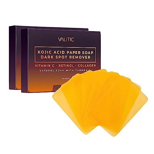 VALITIC Turmeric Kojic Acid Cleansing Soap Melting Sheets - Dark Spot Corrector Paper Soap - 100 Travel Size Facial Exfoliating Sheets With Vitamin C, Retinol, Collagen - 2 Pack