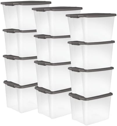 Sterilite 12-Pack 50 Quart ShelfTote, Clear Plastic Storage Organizer Bins with Gray Lids – Stackable Home and Office Containers for Closet or Shelves