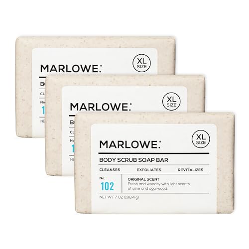 MARLOWE. No. 102 Body Scrub Soap 7 oz (3 Bars), Exfoliating Soap Bar with Shea Butter, Olive Oil & Green Tea Extracts, Cleanses, Smooths & Revitalizes Skin, Original Sage & Fir Scent
